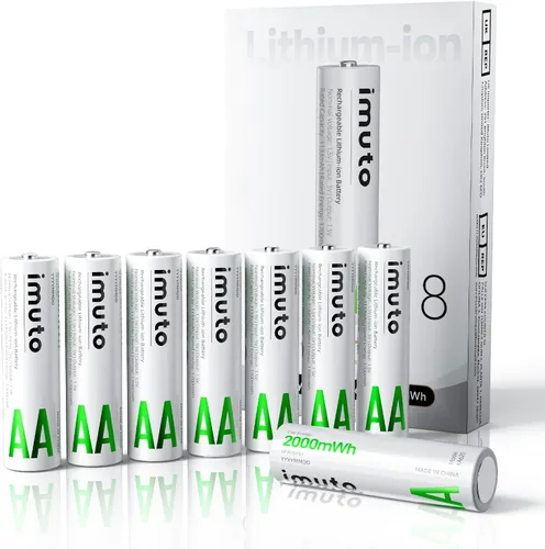 Miniatura 8 de imuto Baterías recargables AA, baterías de litio de 2500 mWh AA, paquete de 4, salida de 1.5 V 2 A, doble batería, vida útil de más de 1600 ciclos