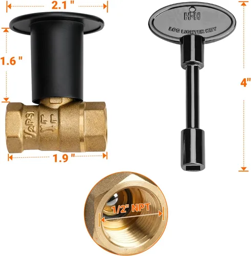 Miniatura 2 de Skyflame Kit de válvula de llave de gas recta de 1/2 pulgada para fogata y chimenea con brida y llave de 3 pulgadas, negro plano