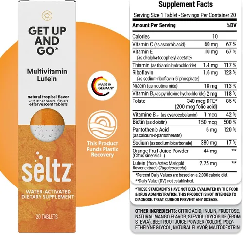 Miniatura 6 de Seltz Tabletas multivitamínicas para bebidas con luteína, antioxidante diario efervescente y apoyo para la salud ocular, levántate y listo, sabor
