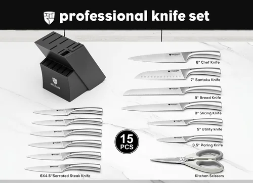 Miniatura 5 de BRODARK Juego de Cuchillos con Bloque: Juego de cuchillos de cocina con bloque y afilador, 15 piezas de cuchillos de chef ultra afilados, acero