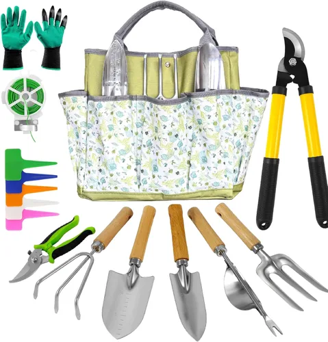 Juego de 41 herramientas de jardinería de alta calidad, kit de herramientas de jardinería de acero inoxidable, con agarre de goma antideslizante,
