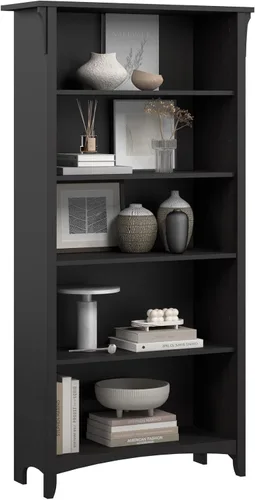 Bush Furniture Salinas - Estantería alta de 5 niveles en acabado negro vintage, estantería alta, estantería grande para sala de estar, oficina en