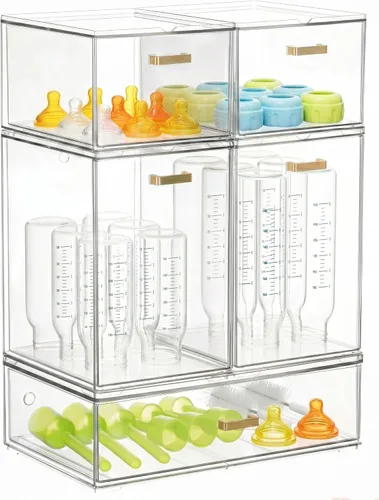 LALOBLUE Juego de 5 cajones de almacenamiento apilables, cubos organizadores de acrílico transparente para suministros de belleza, perfectos para