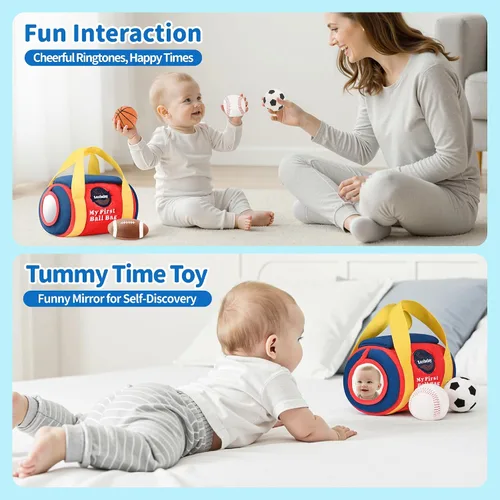 Miniatura 4 de Juguetes para Bebés Niños de 6-12 Meses – My First Sports Bag Juguetes Musicales para Bebés con 4 Pelotas Sensoriales – Baloncesto, Fútbol