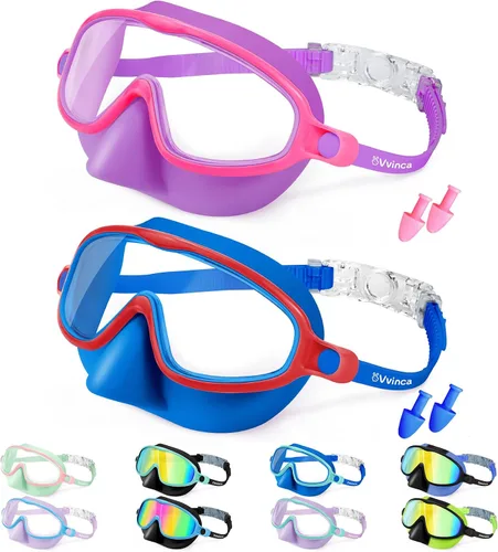 Miniatura 9 de Vvinca Gafas de natación con cubierta para la nariz, paquete de 2 máscaras de buceo de visión amplia, antivaho, UV, sin fugas, gafas de natación