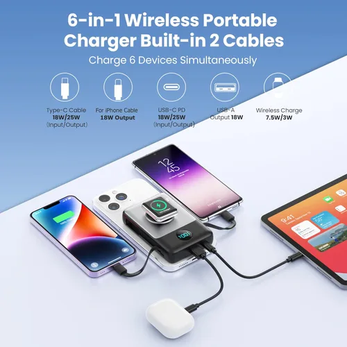 Miniatura 7 de Cargador portátil magnético 6 en 1 para iPhone con cables integrados, 10800 mAh 25 W PD cargador de energía de carga rápida, 6 salidas de pantalla
