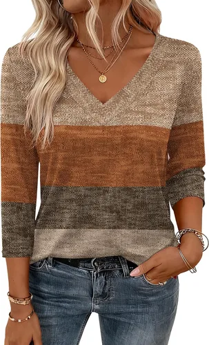 Miniatura 15 de Zeagoo Camisetas de manga 3/4 para mujer, cuello en V, blusa casual elegante, camisetas básicas 2026, ropa de moda S-2XL