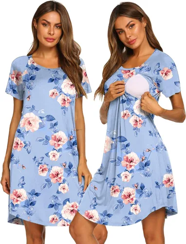 Ekouaer - Vestido 3 en 1 para maternidad, trabajo de parto y lactancia prenda para hospital, para dormir y amamantar.