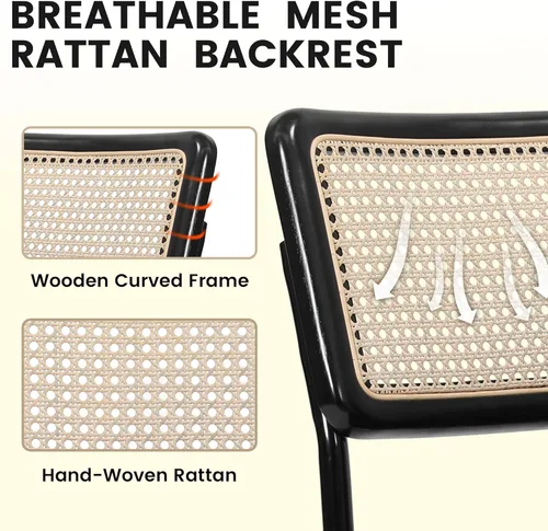 Miniatura 5 de KROFEM Juego de 2 sillas de comedor, sillas modernas de ratán para la cocina, diseño moderno de mediados de siglo, estructura de cromo pulido, Negro