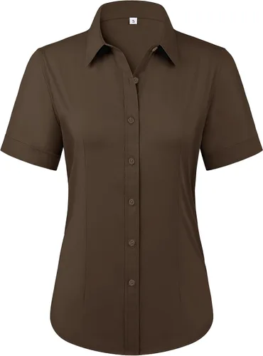 Miniatura 23 de Siliteelon - Camisas de vestir con protección contra manchas, sin arrugas, de manga corta, color liso, con botones, para mujer