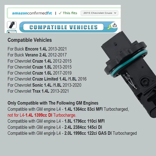 Miniatura 2 de MANATEE 12671624 Sensor Medidor de Flujo de Aire Masivo Sensor MAF Compatible con Buick Encore Verano, para Chevy Caprice Trax Sonic Cruze