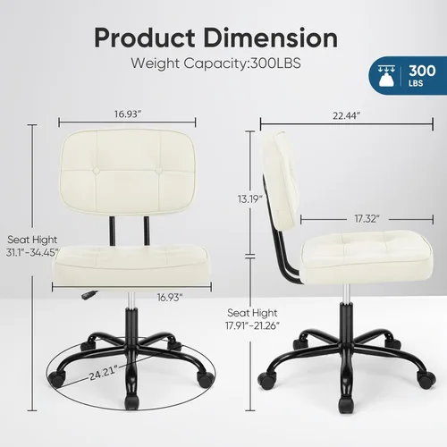 Miniatura 2 de DUMOS Silla de escritorio de oficina en casa, silla ergonómica de piel sintética sin brazos, con cómodo soporte lumbar y altura ajustable, tocador