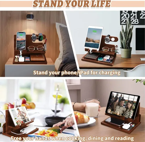 Miniatura 8 de Estación de carga de teléfono de madera - Organizador de carga de mesita de noche y soporte para teléfono celular - Regalo de cabecera para hombres