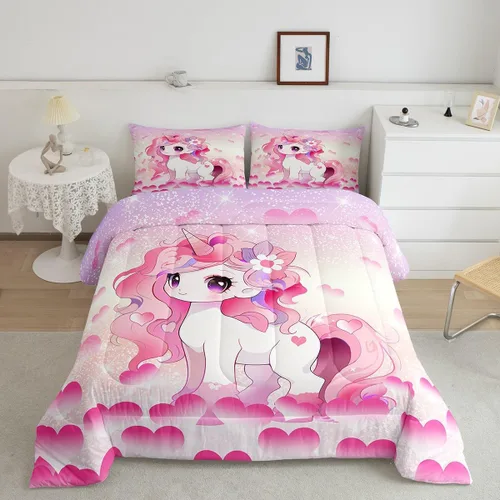Miniatura 8 de Feelyou Juego de ropa de cama de unicornio para niñas, bonito edredón con purpurina de unicornio de dibujos animados arco iris para niños, juego