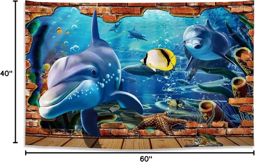 Miniatura 4 de ARTXZDZ Tapiz de delfín con efectos 3D, tapiz de animales del mundo submarino, decoración de pared para fondo de acuario bajo el mar, decoración