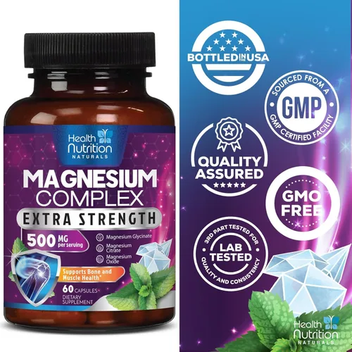 Miniatura 4 de Complejo de magnesio de 500 mg por porción – Cápsulas de polvo de magnesio de absorción máxima para músculos, nervios, huesos y corazón, complejo