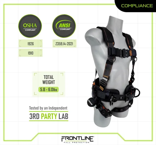Miniatura 5 de FRONTLINE FALL PROTECTION Arneses + Anillo en D + Múltiples Estilos + Cumple con OSHA y ANSI