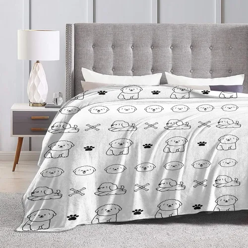 Miniatura 6 de Manta Bichon Frise, 30 x 40 pulgadas, sin costuras, bocetos negros de bichón, cabezas de cachorro, patrón de huesos y patas, manta de franela
