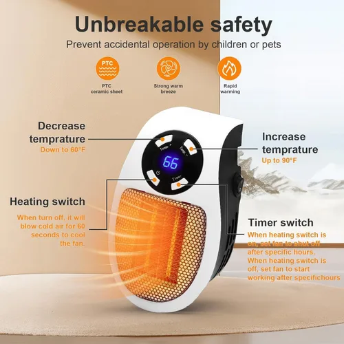 Miniatura 6 de Calentador de Espacio de Pared con Enchufe Inteligente Mejorado, 450W Calentador Eléctrico Portátil Pequeño y Seguro Programable, Termostato