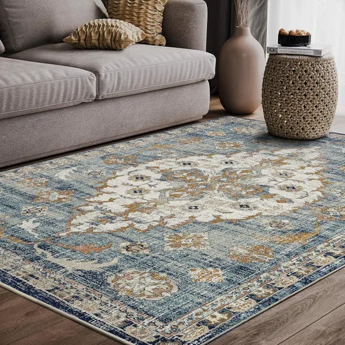 Abani Alfombra tradicional azul y beige de 5 pies 3 pulgadas x 7 pies 6 pulgadas, colección Oporto, alfombras de estilo vintage