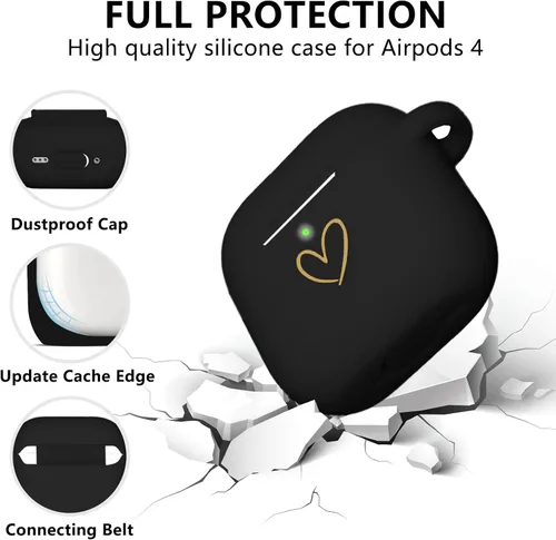 Miniatura 2 de Compatible con AirPods 4 Cover 2024, funda de silicona suave con patrón de corazón dorado para 4ª generación, llavero de letra A-Z con diamantes