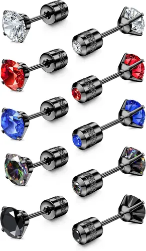 Miniatura 18 de CASSIECA 5 pares de aretes de acero inoxidable con circonita cúbica 5A arcoíris para mujeres y hombres, con diseño de arco iris 5A