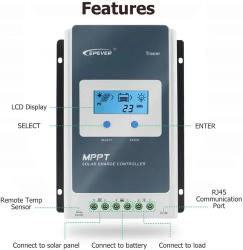 Miniatura 2 de EPEVER Controlador de carga solar MPPT de 40 A 12/24 V CC Tracer-an Series Controlador de carga con medidor remoto MT52 y sensor de temperatura