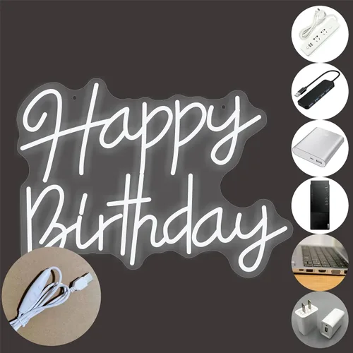 Miniatura 7 de Luz de neón de feliz cumpleaños, 5V USB, colgante de pared, blanco, hecho a mano, para decoración de fiestas, regalo para niños