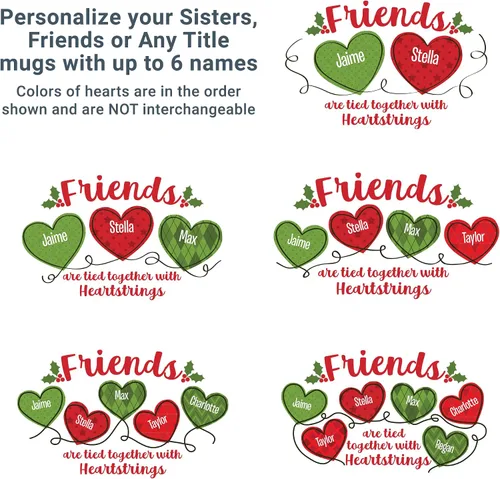 Miniatura 6 de Let's Make Memories Taza de Navidad personalizada, para amigos, taza de café personalizada, Heartstrings - 2-6 nombres - Mango blanco e