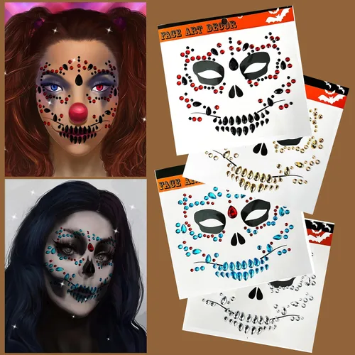 Day of the Died Skull Halloween - Tatuajes de joyería de cara de Halloween, paquete de 4 calcomanías temporales de diamantes de imitación para
