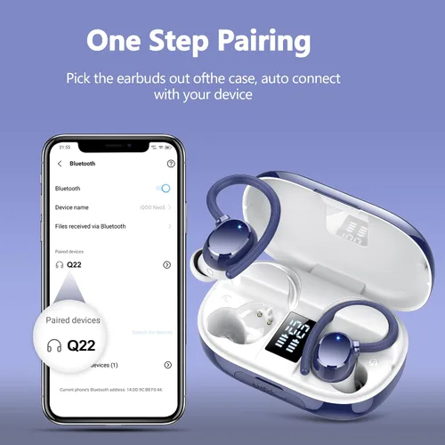 Miniatura 5 de hadbleng Auriculares inalámbricos con Bluetooth con pantalla digital LED de 128 horas de reproducción, gancho sobre la oreja con micrófono, sonido