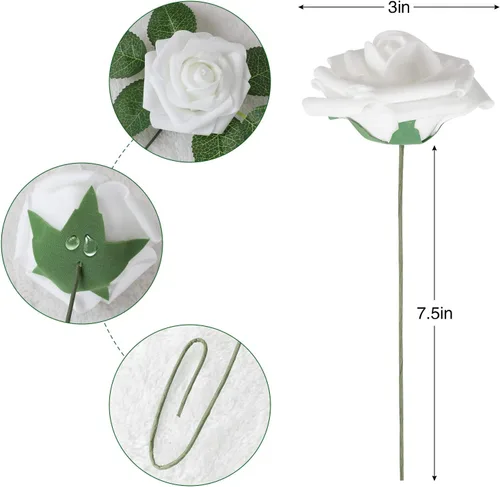 Miniatura 2 de AmyHomie AmyHomie - Lote de 50 rosas artificiales con tallo para ramos de boda Blanco