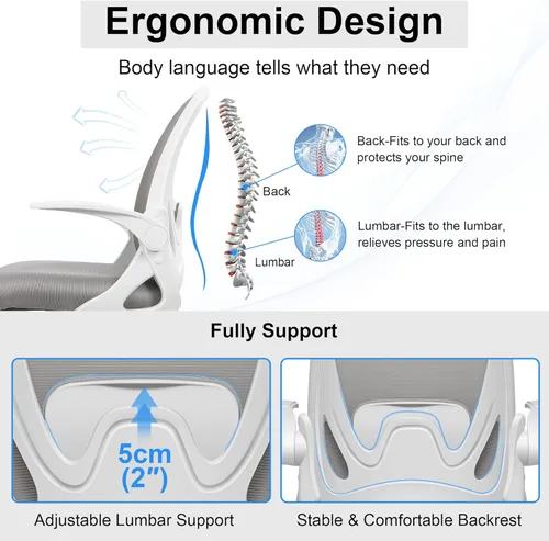 Miniatura 4 de Silla de dibujo alta de oficina con reposabrazos abatibles, altura ajustable y soporte lumbar mejorado, taburete ergonómico rodante, soporte de Gris