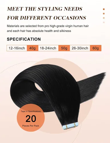 Miniatura 4 de Sunya Extensiones de cabello humano con cinta adhesiva, color negro azabache, 12 pulgadas, extensiones de cabello lacio negro #1, 1.41 oz/20