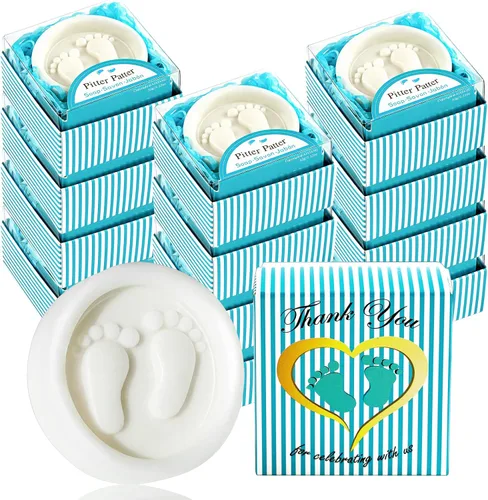 AIXIANG Paquete de 24 jabones para baby shower, hechos a mano, patte azul en caja, para pies de bebé, recuerdos de jabón perfumado para baby shower