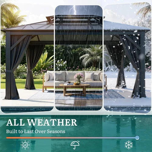 Miniatura 5 de YITAHOME Cenador de policarbonato de 10 x 12 pies para patio al aire libre, doble techo de hierro galvanizado, columna de aluminio, cortinas