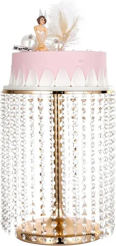 Miniatura 11 de Bigsee Juego de 3 soportes para pasteles dorados, soporte de pastel de metal con espejo, pedestal de pastel con colgantes de cristal y cuentas