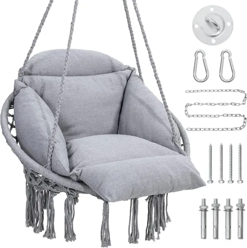 Miniatura 10 de KROFEM Hamaca Silla Colgante Oscilante de Macramé con Cojín de Gran Tamaño, Perfecta para Dormitorio, Porche, Niños, Adultos, Balcón, Beige