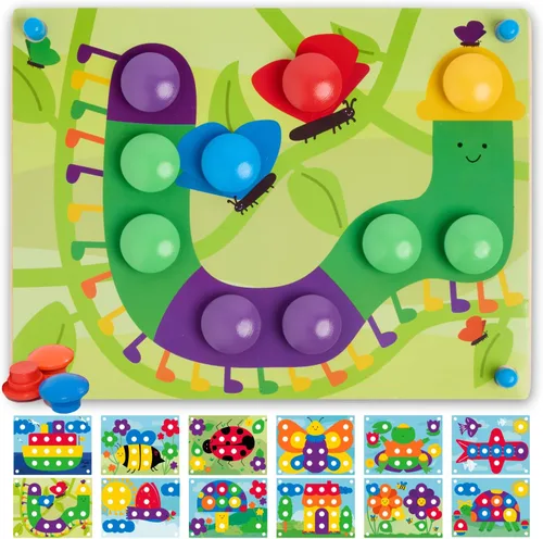 Nene Toys Rompecabezas de madera a juego de colores para niños pequeños de 2 años en adelante, juego de botones de tablero perforado Montessori con