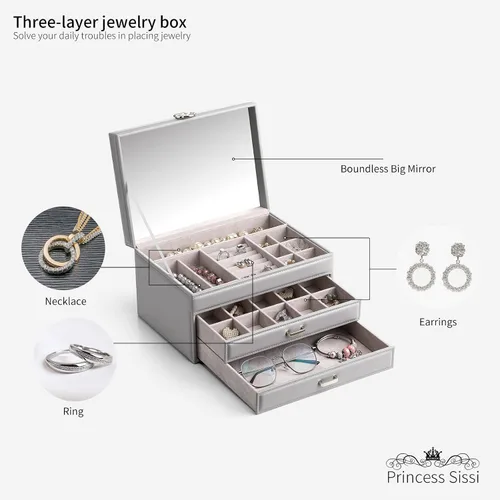 Miniatura 5 de Vlando Joyero para collares anillos aretes caja organizadora de joyas de espejo con cajones cajas grandes de joyería de 3 capas para mujeres y niñas