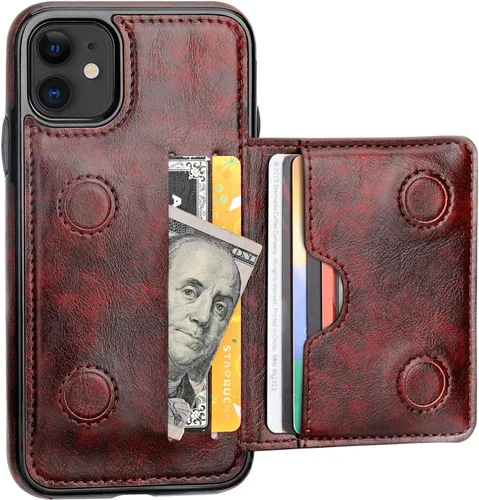 KIHUWEY Funda compatible con iPhone 11 con tarjetero y soporte para tarjetas de crédito, de cuero de primera calidad, duradera, a prueba de golpes,