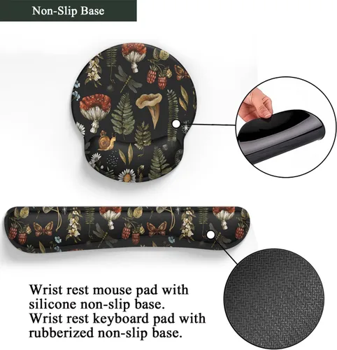 Miniatura 6 de Alfombrilla de ratón con diseño de hongos y plantas, color negro, estética, ergonómica, almohadilla de escritorio con soporte para muñeca, conjunto