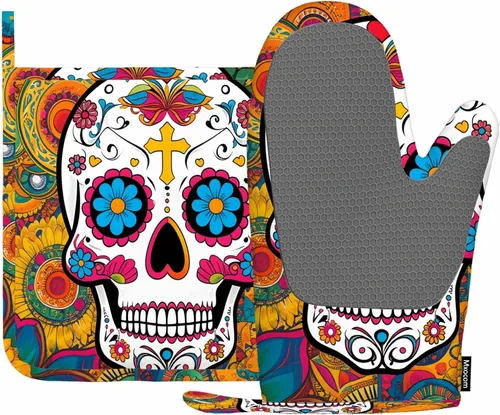 Mxocom Art Floral Sugar Skull - Juego de guantes de silicona para horno y soportes para ollas, guantes de barbacoa para cocina, cocina, hornear,