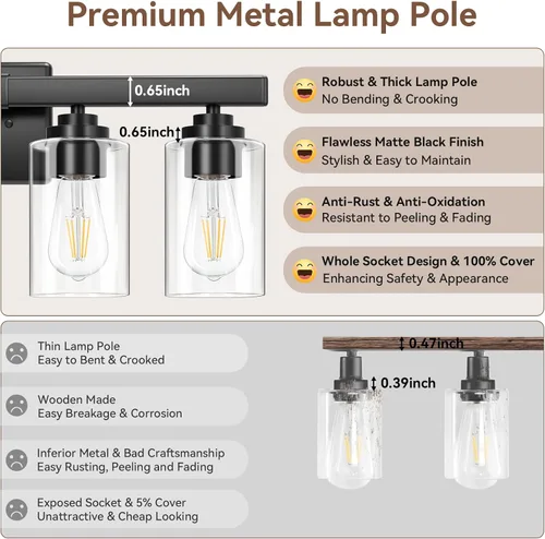 Miniatura 5 de VerRon 4 luces de baño, modernas luces de tocador negro mate sobre espejo con pantallas de vidrio transparente, aplique de pared de baño