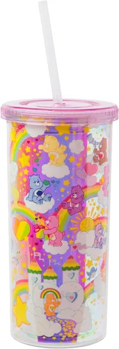 Silver Buffalo Care Bears - Vaso alto de plástico iridiscente con diseño de estrellas arcoíris con tapa y pajilla, 20 onzas Care Bears iridiscentes