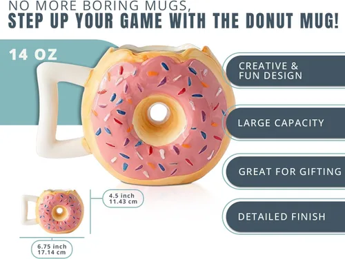 Miniatura 2 de Comfify Taza de cerámica con forma de dona – Esmalte rosa con chispas – Divertida cita "MMM... Donuts!" – Taza de café de 14 onzas para té