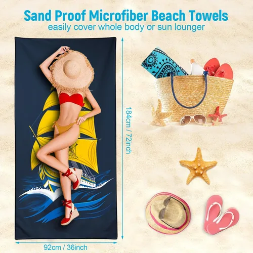 Miniatura 5 de Nautical Sailboat Beach Towel Oversized 36x72 Inch, Sand Free Quick Dry Microfiber Classic Sailing Ship Towel for Ocean Beach Pool Travel