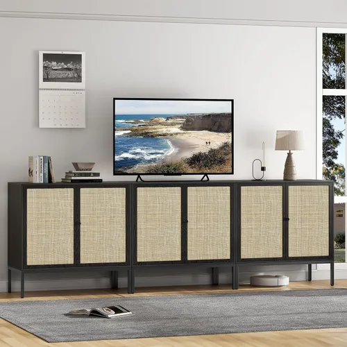Miniatura 9 de Brafab Aparador negro con puertas decoradas de ratán natural, 31.5 pulgadas de ancho, armario de almacenamiento de ratán Credenza, gabinete bohemio