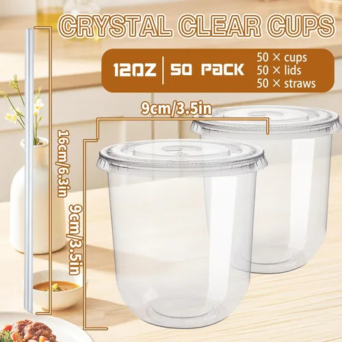 Miniatura 2 de Alaeseje Paquete de 50 vasos de plástico transparente con tapas y popotes, tazas desechables de 12 onzas para café helado, tazas de cristal