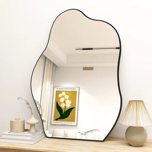 Miniatura 5 de HARRITPURE Espejo de baño irregular de 22 x 32 pulgadas, espejo de pared moderno negro con marco de madera, espejos decorativos asimétricos